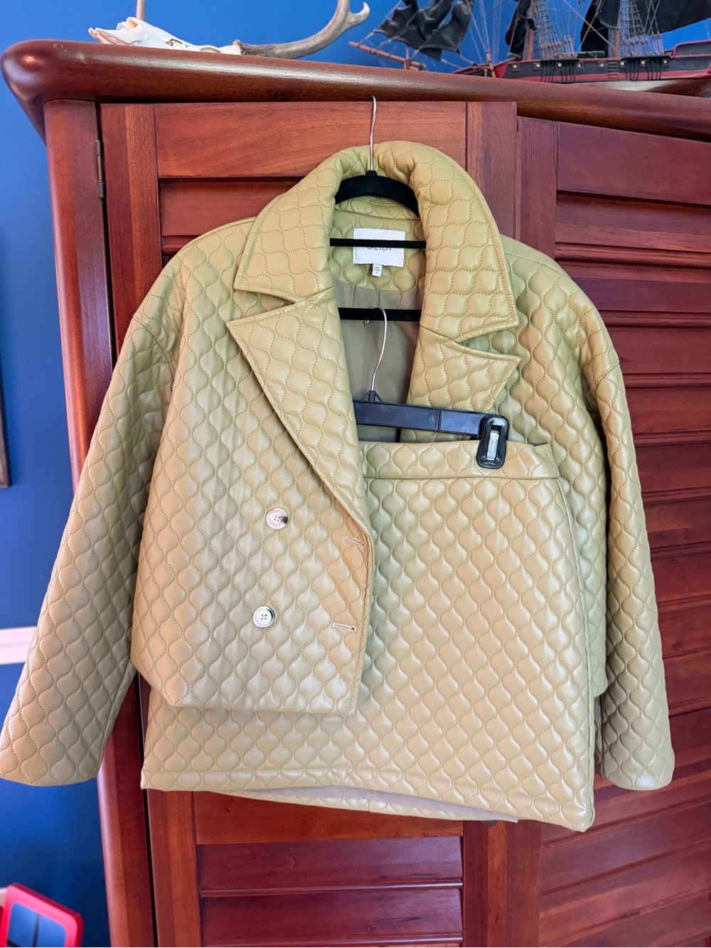 Greylin Leather Quilted Light Olive Green Puffer Jacket and skirt set